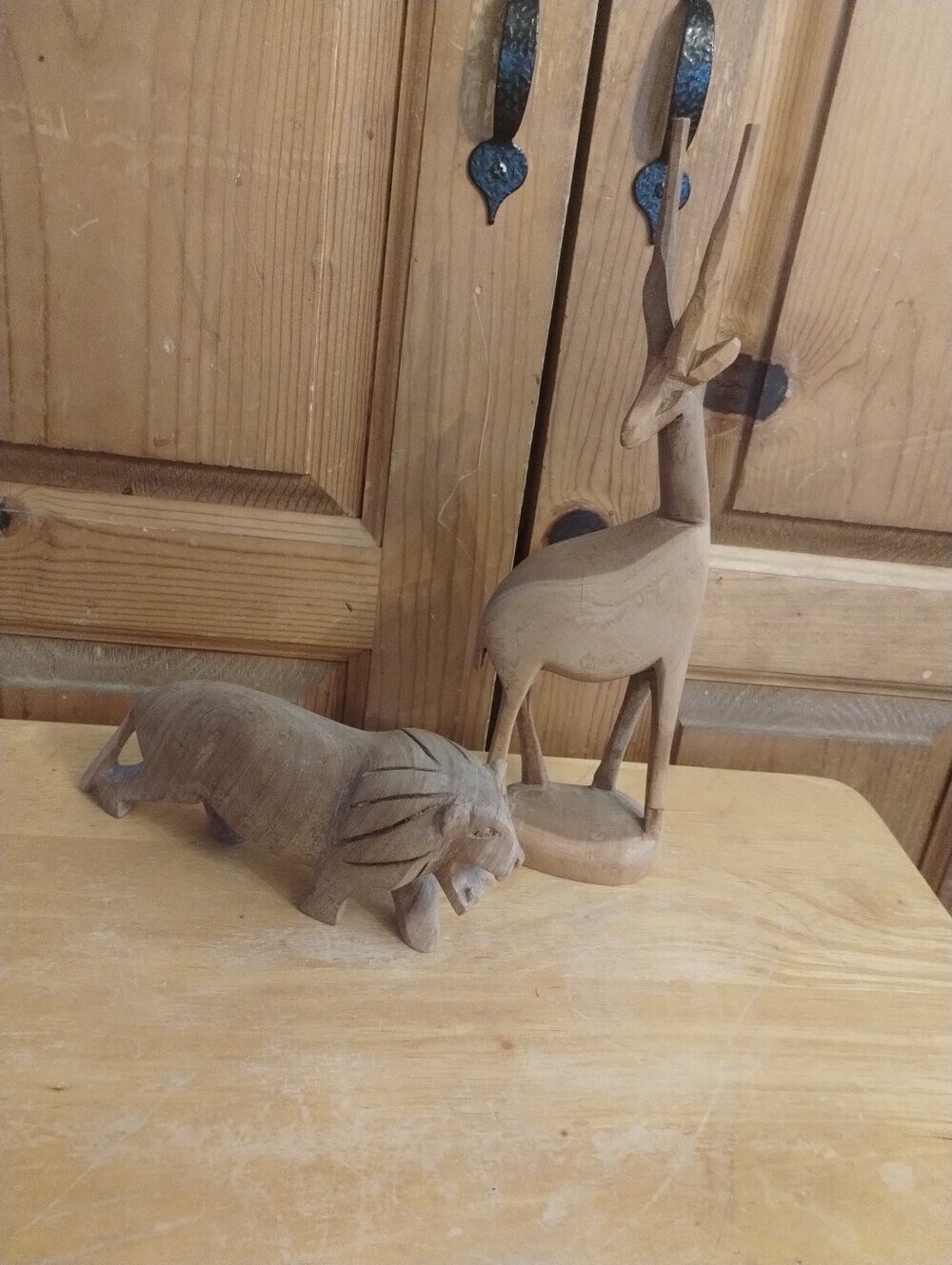 Hand Carved Wood Gazelle & Lion Figurines Rustic Folk Art Animal Decor Set
